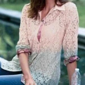 Soft Surroundings Aurelie Dip Dye Eyelet Ombre Lace Button Down Tunic Size Large